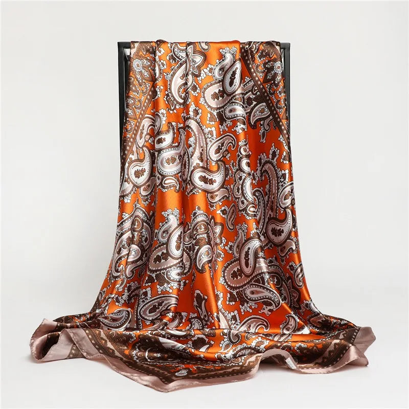 Black Cashew Print Scarf – Trendy Imitation Silk Headscarf for Spring & Summer
