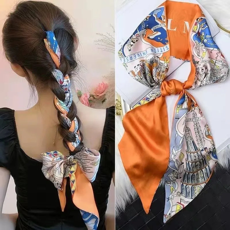 Luxury Horse Print Silk Ribbon Scarf – Thin Long Accessory for Bags, Hair & Neck