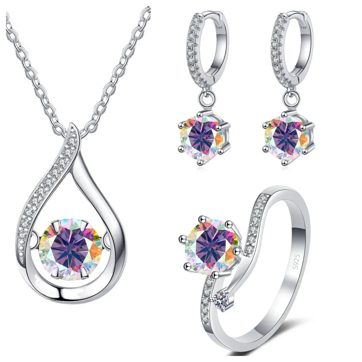 925 Silver Moissanite Jewelry Set – Solitaire Necklace, Ring & Stud Earrings for Men or Women