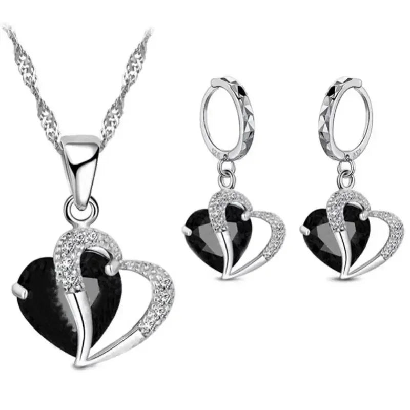 2-Piece Heart Jewelry Set – Metal Necklace & Earrings with Blue Glass Stone & CZ Gem Accents