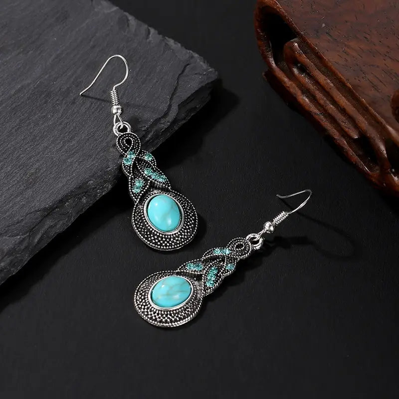 3-Piece Vintage Turquoise Jewelry Set – Blue Crystal Pendant Necklace & Matching Earrings for Men and Women