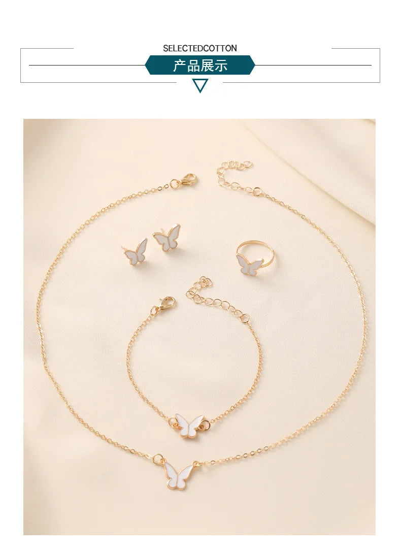 4-Piece Butterfly Jewelry Set – Imitation Pearl Necklace & Earrings for Women and Girls