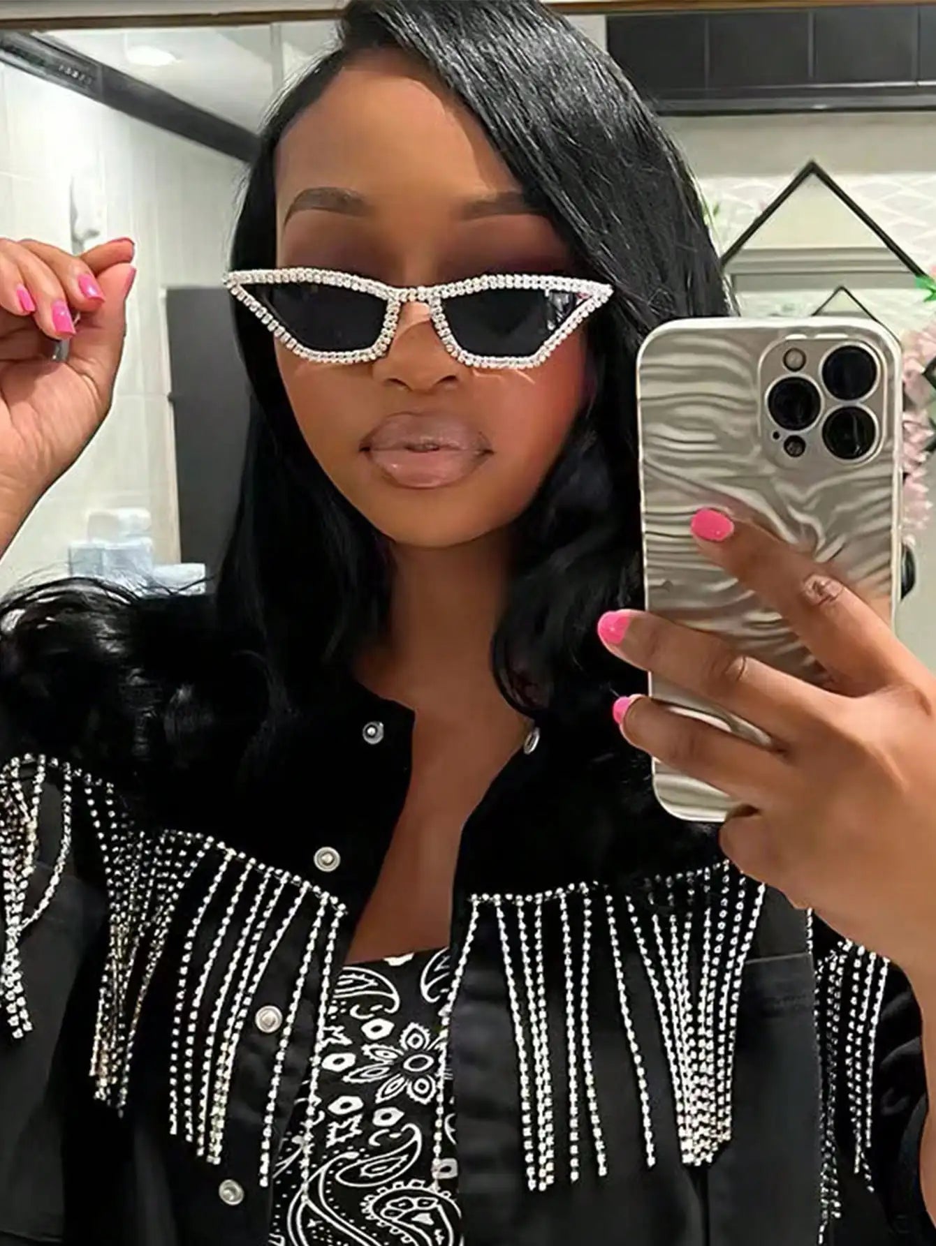 Diamond-Accent Cat Eye Sunglasses – Trendy Hip-Hop Style for Women