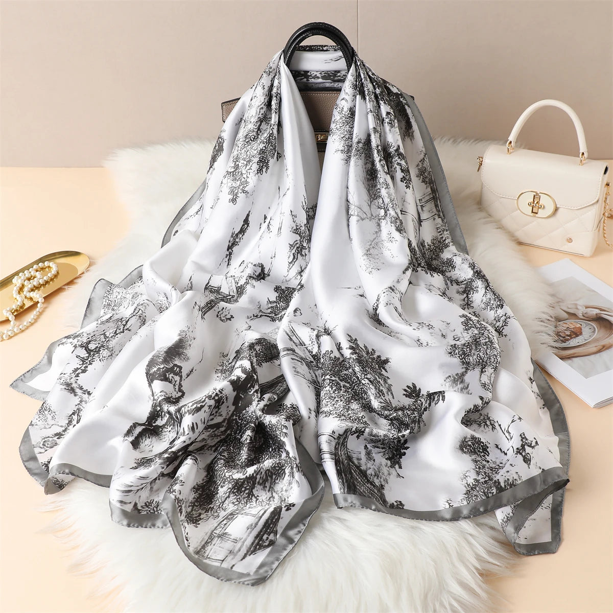 Luxury Silk Satin Scarf –  Large Wrap for Women, Elegant Beach & Hijab Style