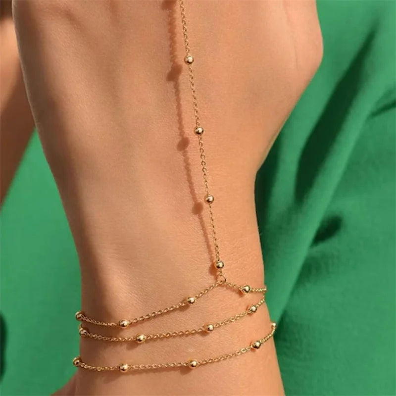 Minimalist Chain Hand Bracelet – Delicate Finger-Connected Design with Vintage Bead Details