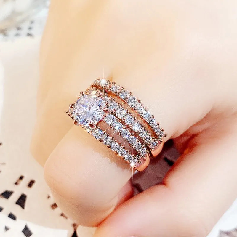 Huitan Hollow Bling Ring Set – 2-Piece Iced-Out CZ Luxury Wedding & Engagement Style
