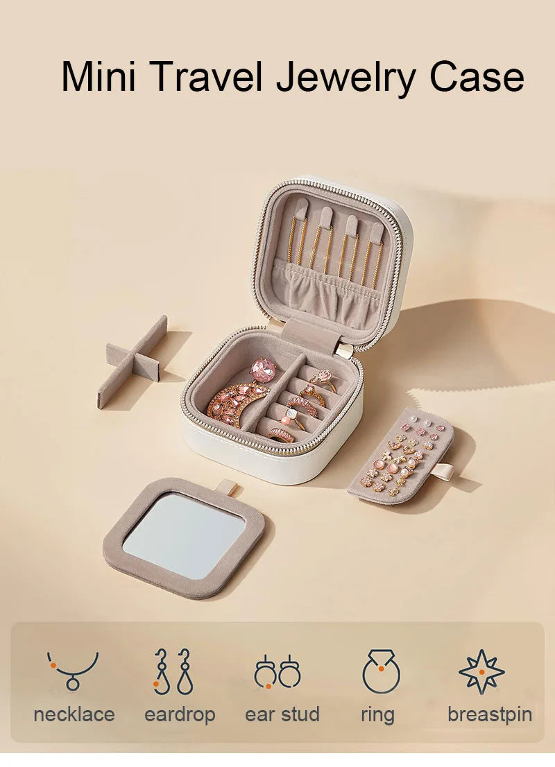 Mini Travel Jewelry Case with Mirror – Compact Organizer for Rings, Earrings & Necklaces