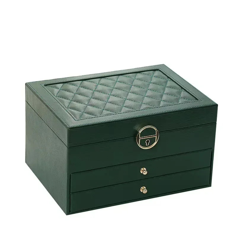 Three-Layer Retro PU Jewelry Box – High-Quality Green Case for Necklaces, Earrings, Rings & Bracelets