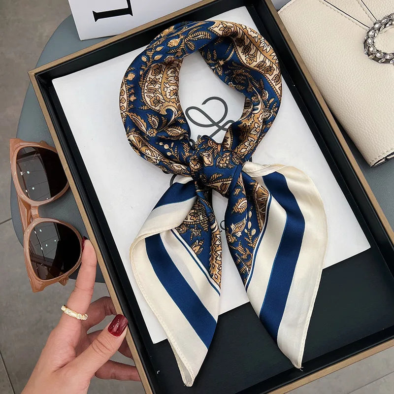 Luxury Silk Square Scarf – Designer Satin Neckerchief for Hair, Purse & Head Styling