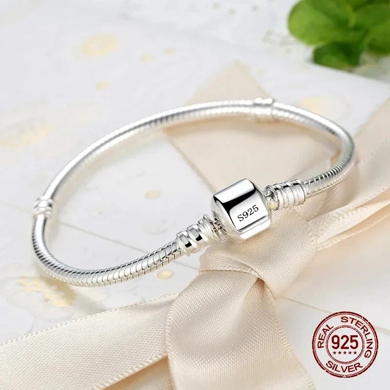 Handmade 925 Sterling Silver Charm Bracelet – Smooth Snake Chain for Women