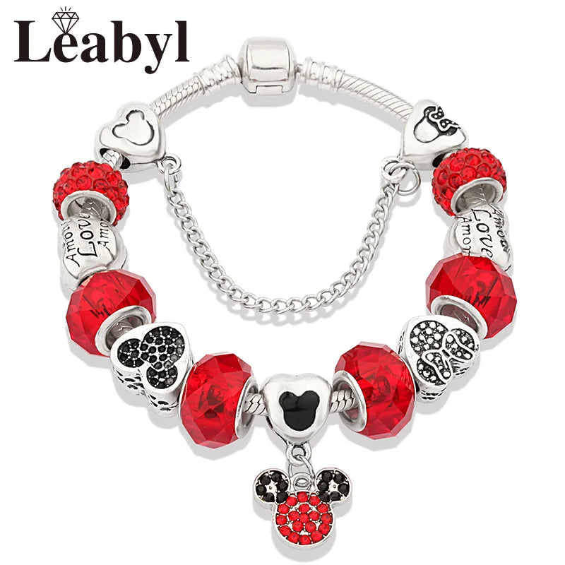 Disney Pink Crystal Charm Bracelet – Colorful Handmade Enamel Beads for Women