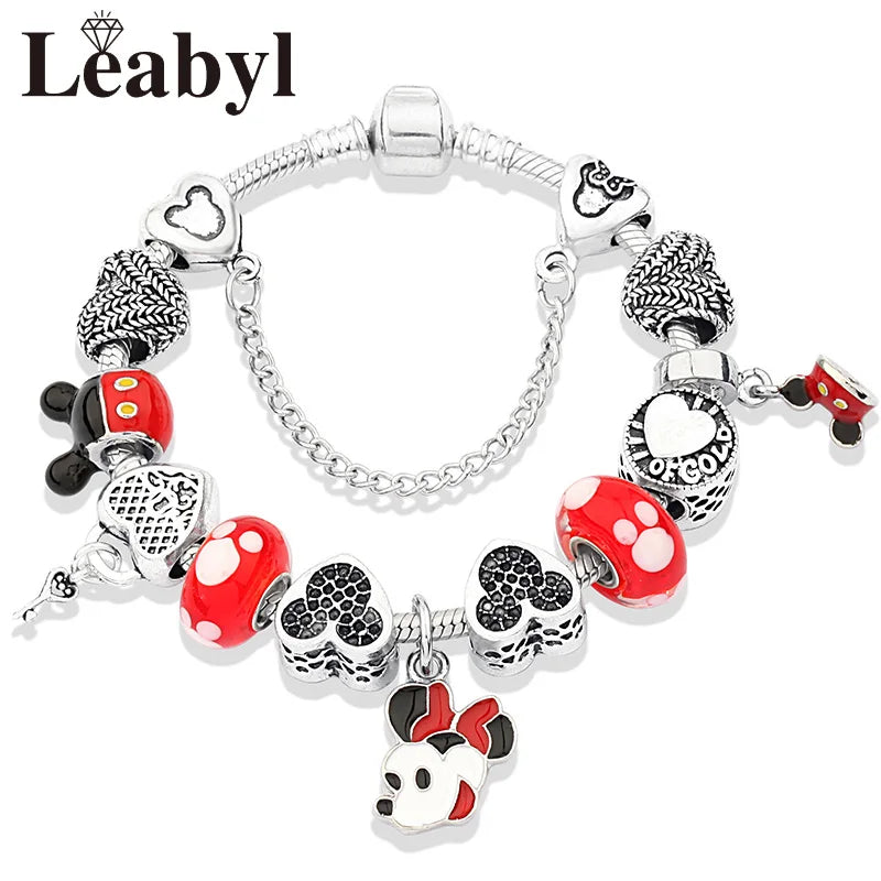 Disney Pink Crystal Charm Bracelet – Colorful Handmade Enamel Beads for Women