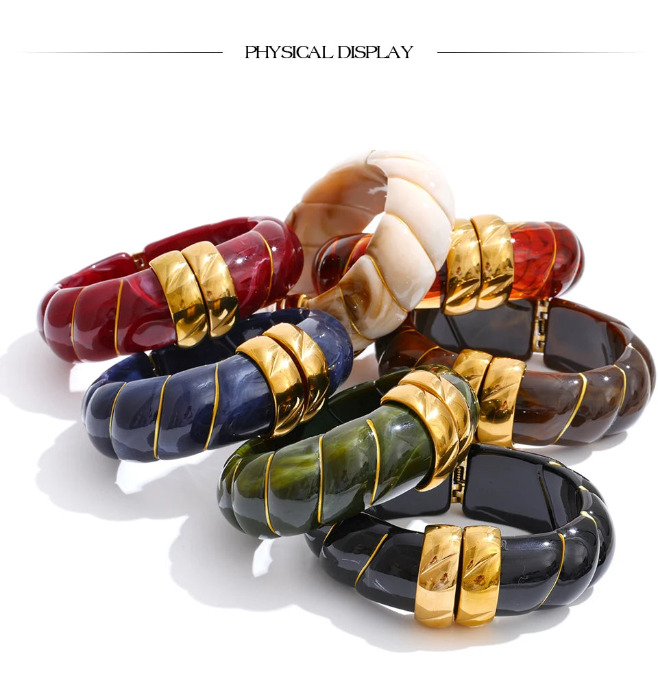 Yhpup Multi-Color Resin Statement Bracelet – Wide Acrylic Bangle with Stainless Steel Accents