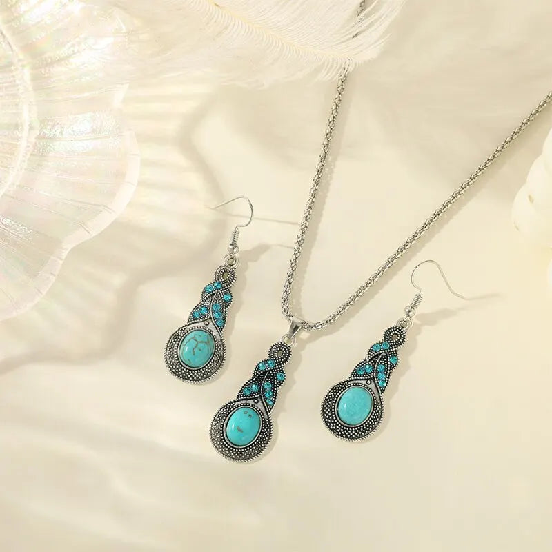 3-Piece Vintage Turquoise Jewelry Set – Blue Crystal Pendant Necklace & Matching Earrings for Men and Women