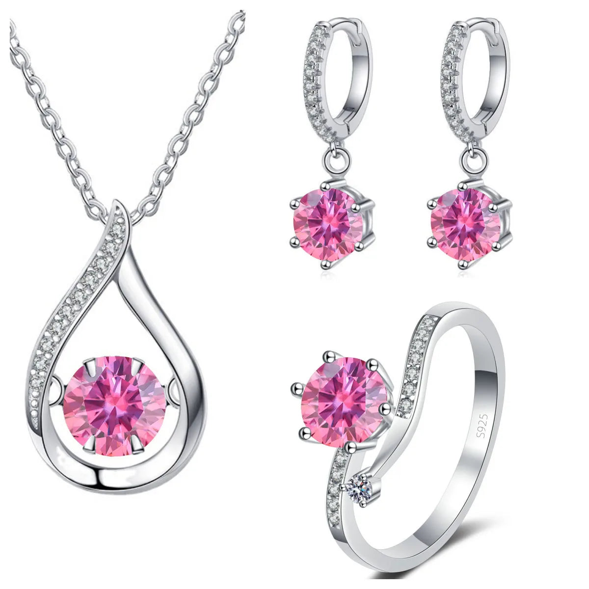 925 Silver Moissanite Jewelry Set – Solitaire Necklace, Ring & Stud Earrings for Men or Women