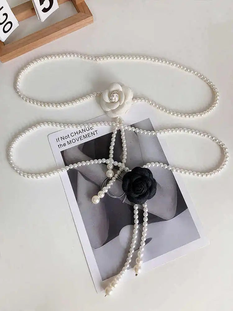 Pearl Camellia Waist Belt – Elegant Decorative Belt for Dresses, Coats & Jackets