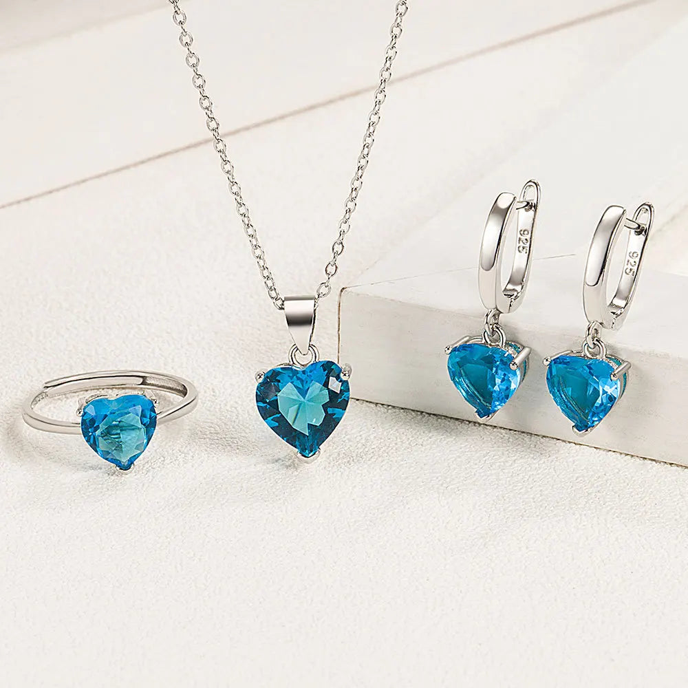 Heart Zirconia Jewelry Set – Elegant 925 Silver Ring, Earrings & Necklace for Bridal Style