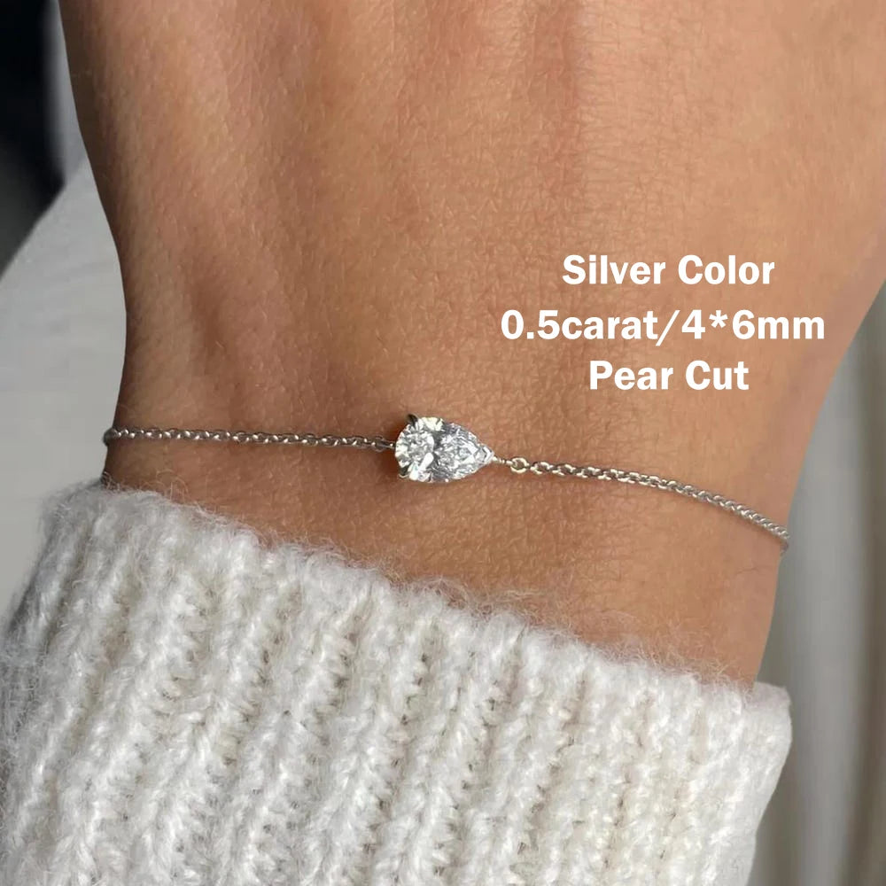 Solitaire Moissanite Bracelet – Pear, Marquise or Heart Cut in 18K-Plated S925 Silver with Certificate