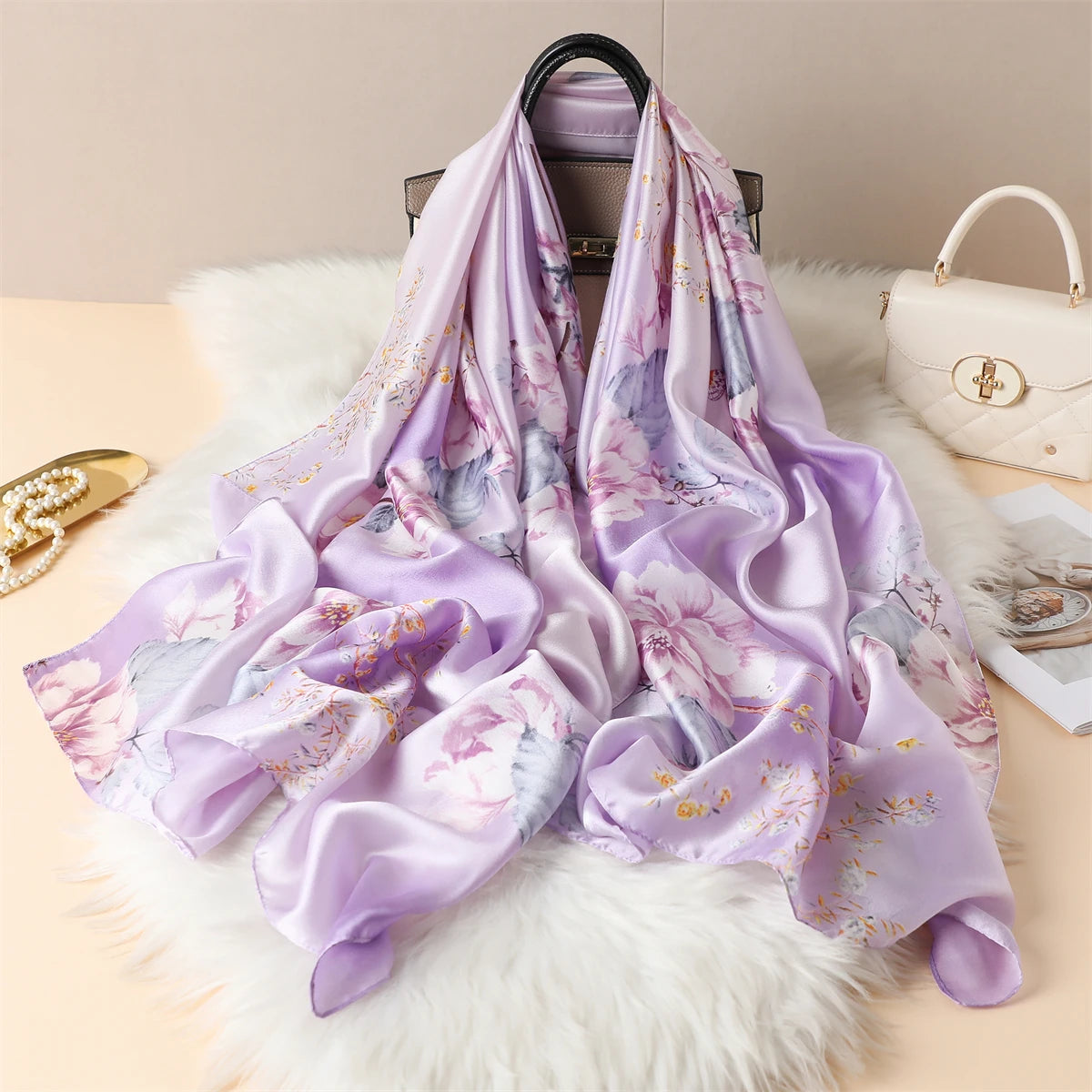 Luxury Silk Satin Scarf –  Large Wrap for Women, Elegant Beach & Hijab Style
