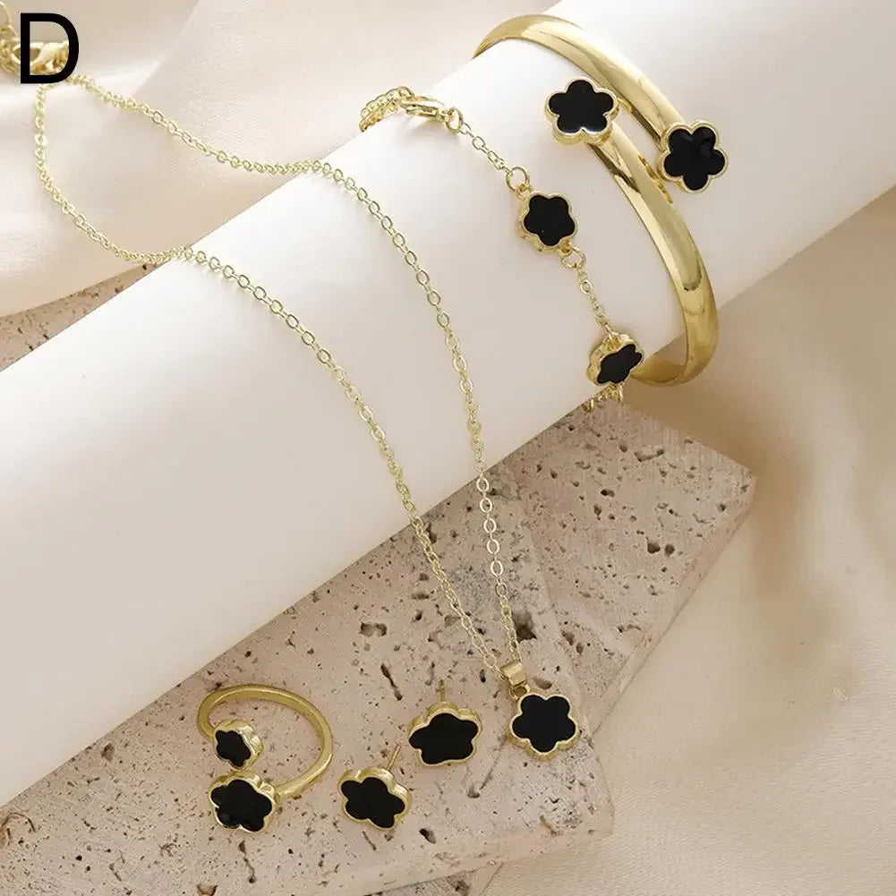 5-Piece Plum Blossom Jewelry Set – Elegant Floral Earrings, Ring, Bracelet & Necklace Gift Set
