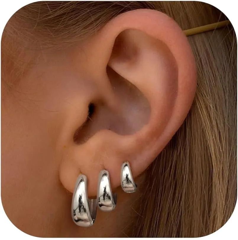 3-Pair Hoop Earring Set – Gold & Silver Plated Lightweight Hypoallergenic Huggies