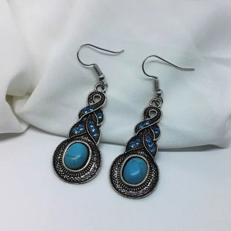 3-Piece Vintage Turquoise Jewelry Set – Blue Crystal Pendant Necklace & Matching Earrings for Men and Women