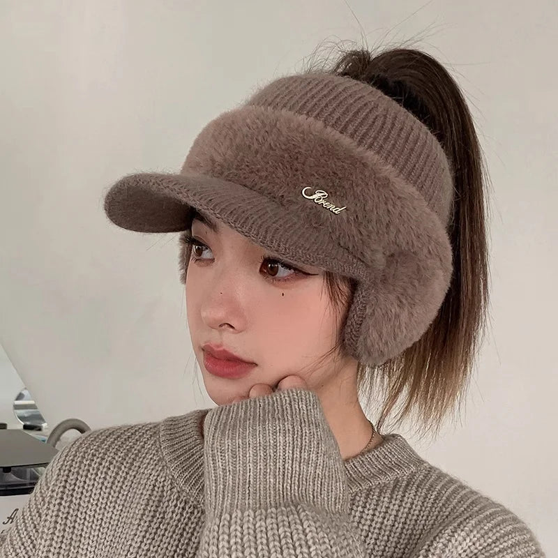 Winter Ear-Wing Knit Baseball Cap – Warm 2024 Windproof Ponytail Hat for Women