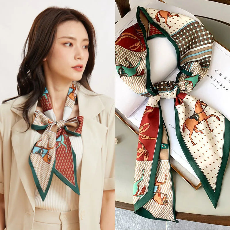 Luxury Horse Print Silk Ribbon Scarf – Thin Long Accessory for Bags, Hair & Neck