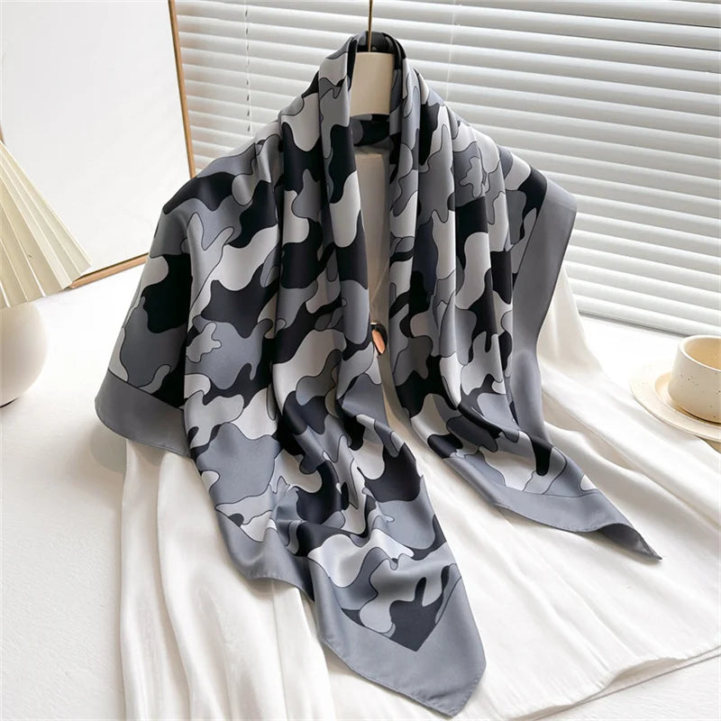 Silk Feel Scarf – Twill Square Wrap with Luxury Tree Print for Hair, Neck & Hijab