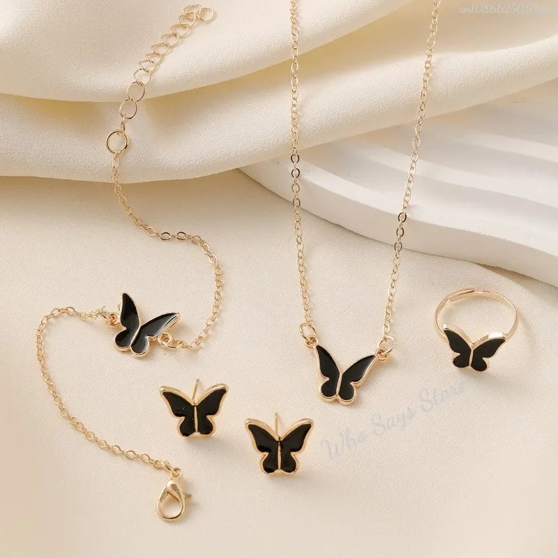 4-Piece Butterfly Jewelry Set – Imitation Pearl Necklace & Earrings for Women and Girls