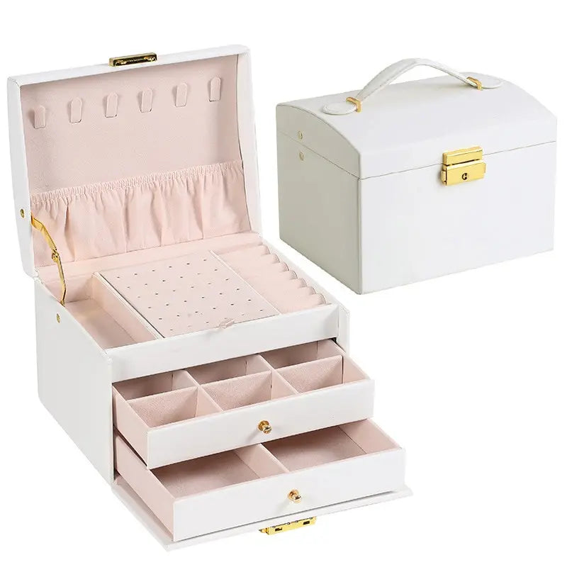 Three-Layer Leather Drawer Jewelry Box – Multi-Functional Storage with Lock for Earrings & Accessories
