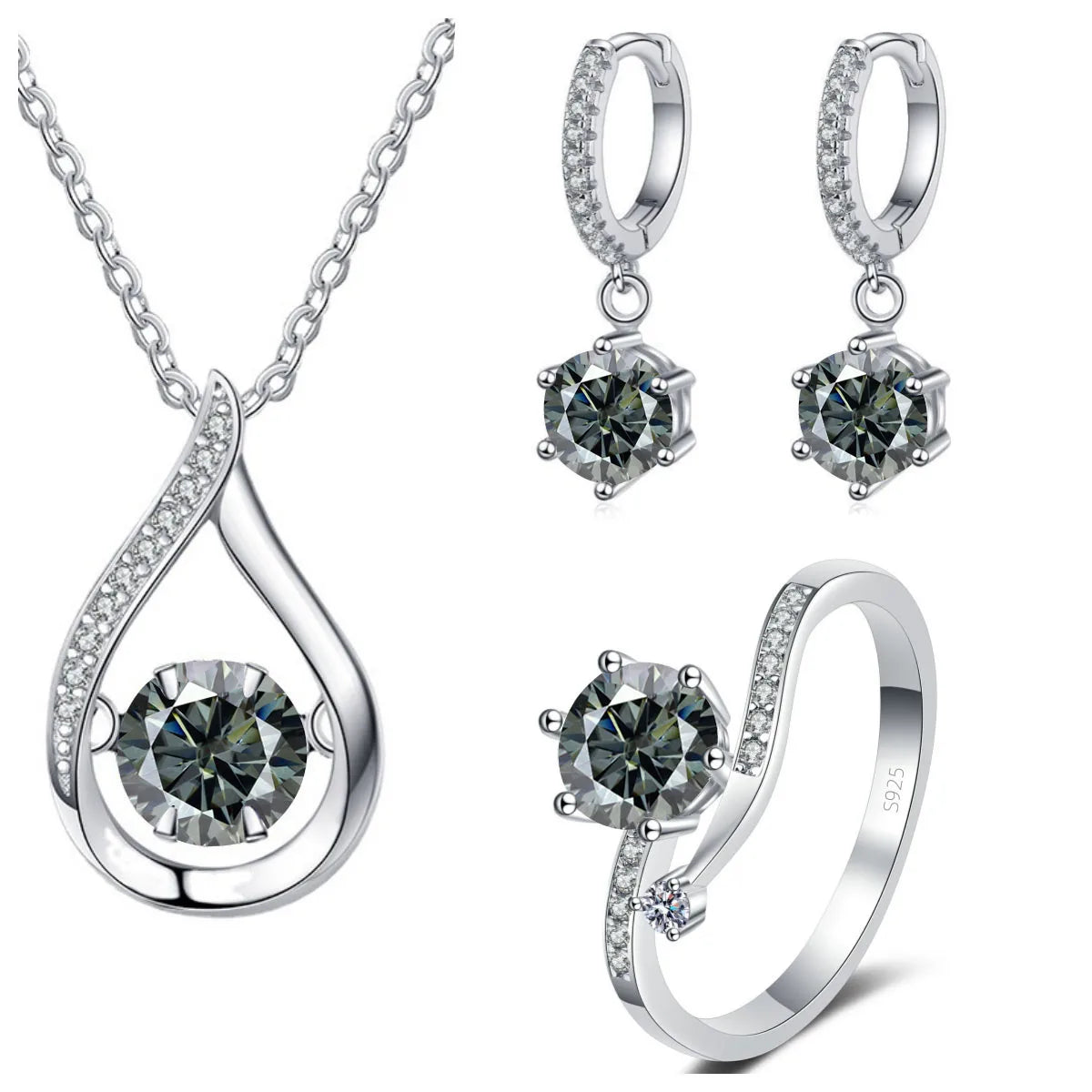 925 Silver Moissanite Jewelry Set – Solitaire Necklace, Ring & Stud Earrings for Men or Women