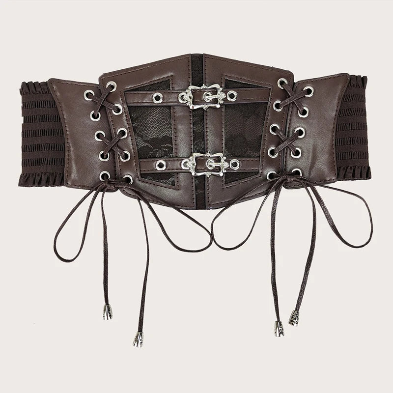 Plus Size Lace Corset Belt – Wide Stretch Gothic Cummerbund for Dresses in Brown or White