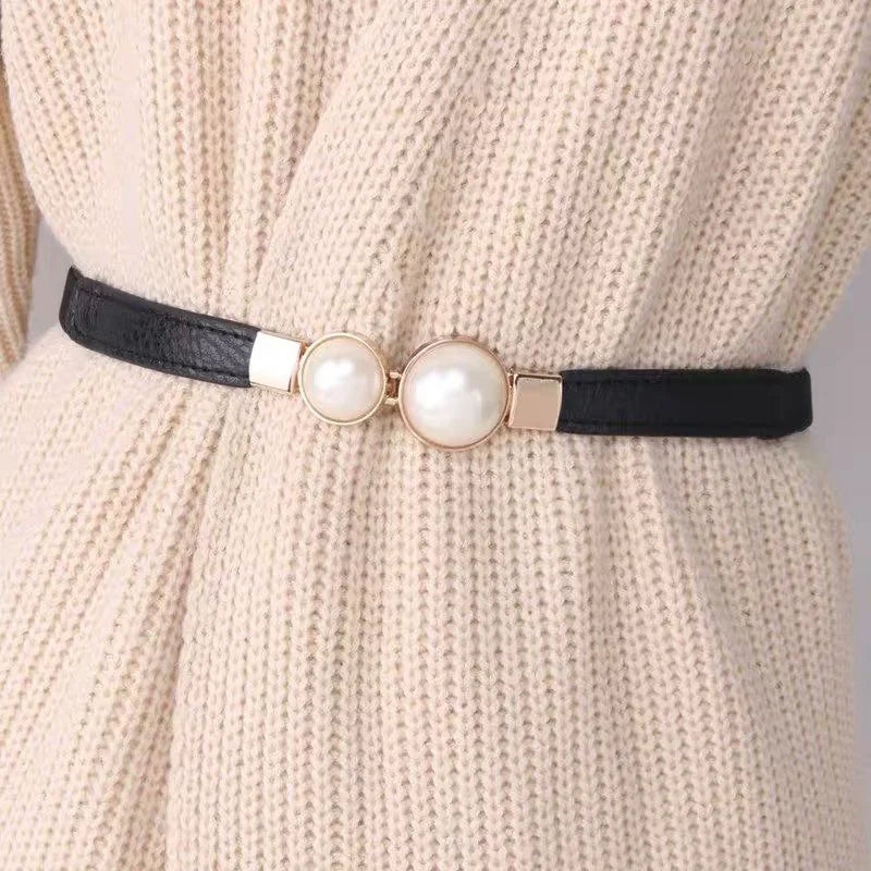 Double Pearl Buckle Elastic Belt – Elegant Thin Strap Waistband for Dresses & Skirts