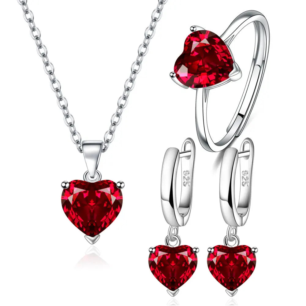 Heart Zirconia Jewelry Set – Elegant 925 Silver Ring, Earrings & Necklace for Bridal Style