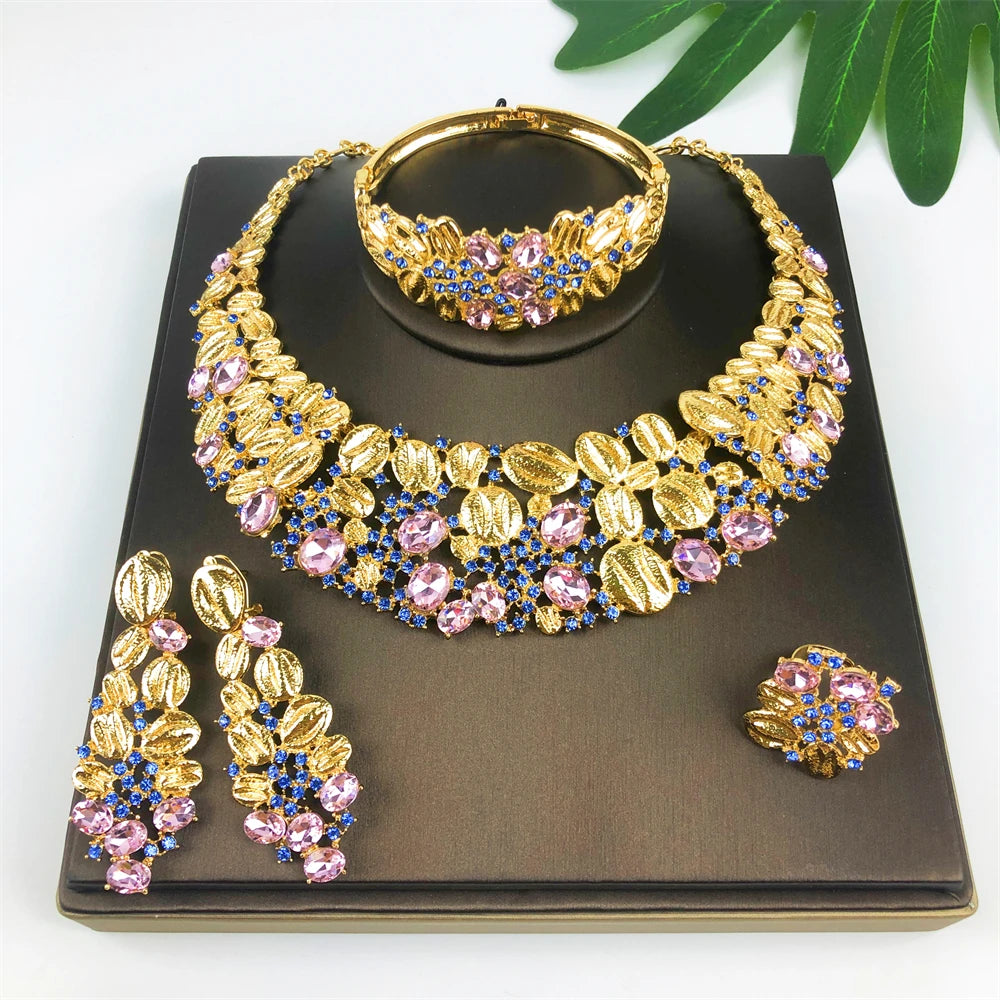 ESALE Vintage Opal Jewelry Set – Luxury 18K Gold Plated Necklace, Earrings, Bracelet & Ring