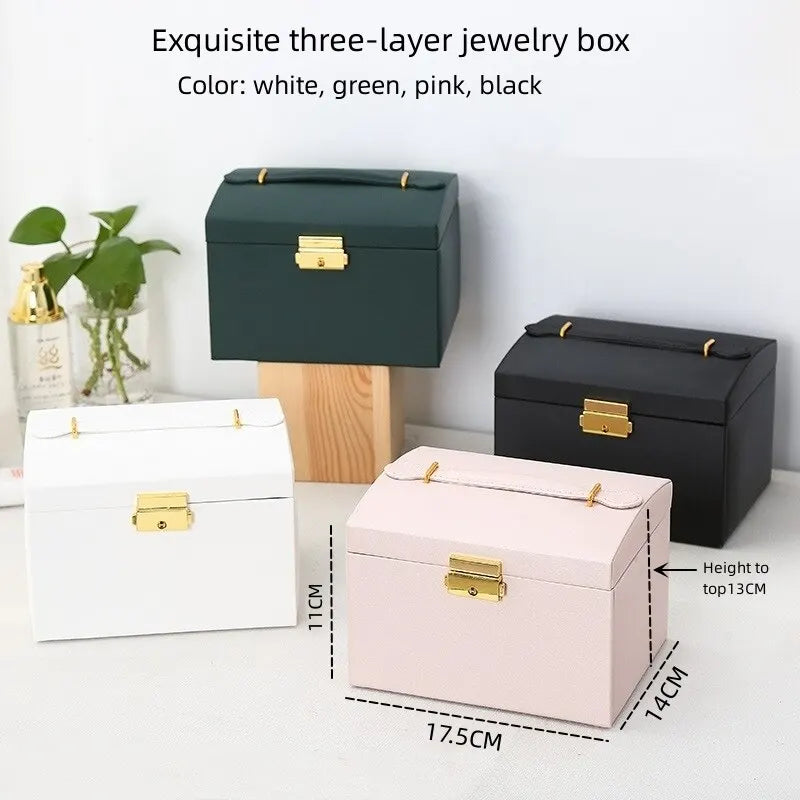 Three-Layer Leather Drawer Jewelry Box – Multi-Functional Storage with Lock for Earrings & Accessories