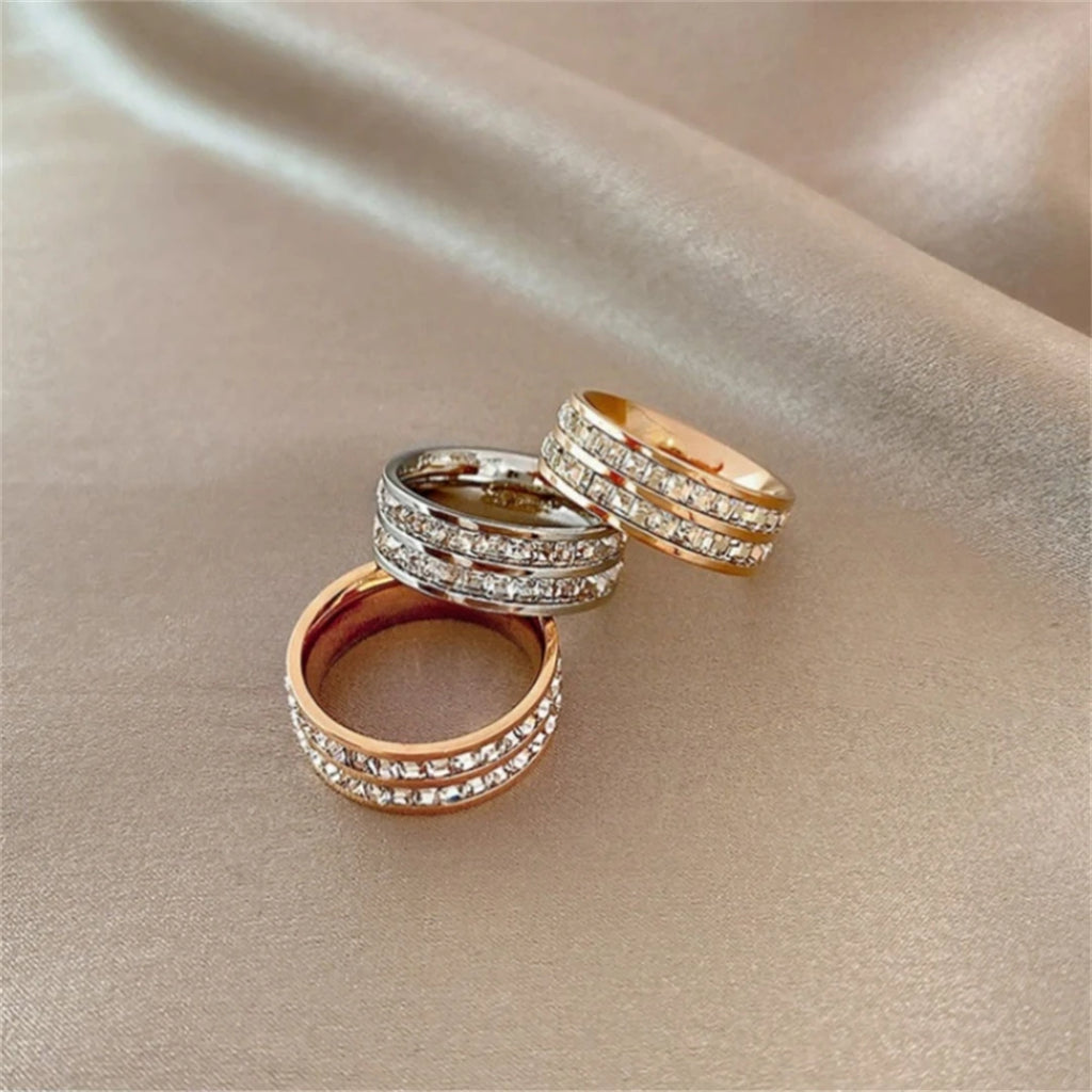 Rose Gold Double-Row Zircon Ring – Romantic Square-Cut Stainless Steel Band for Weddings & Parties
