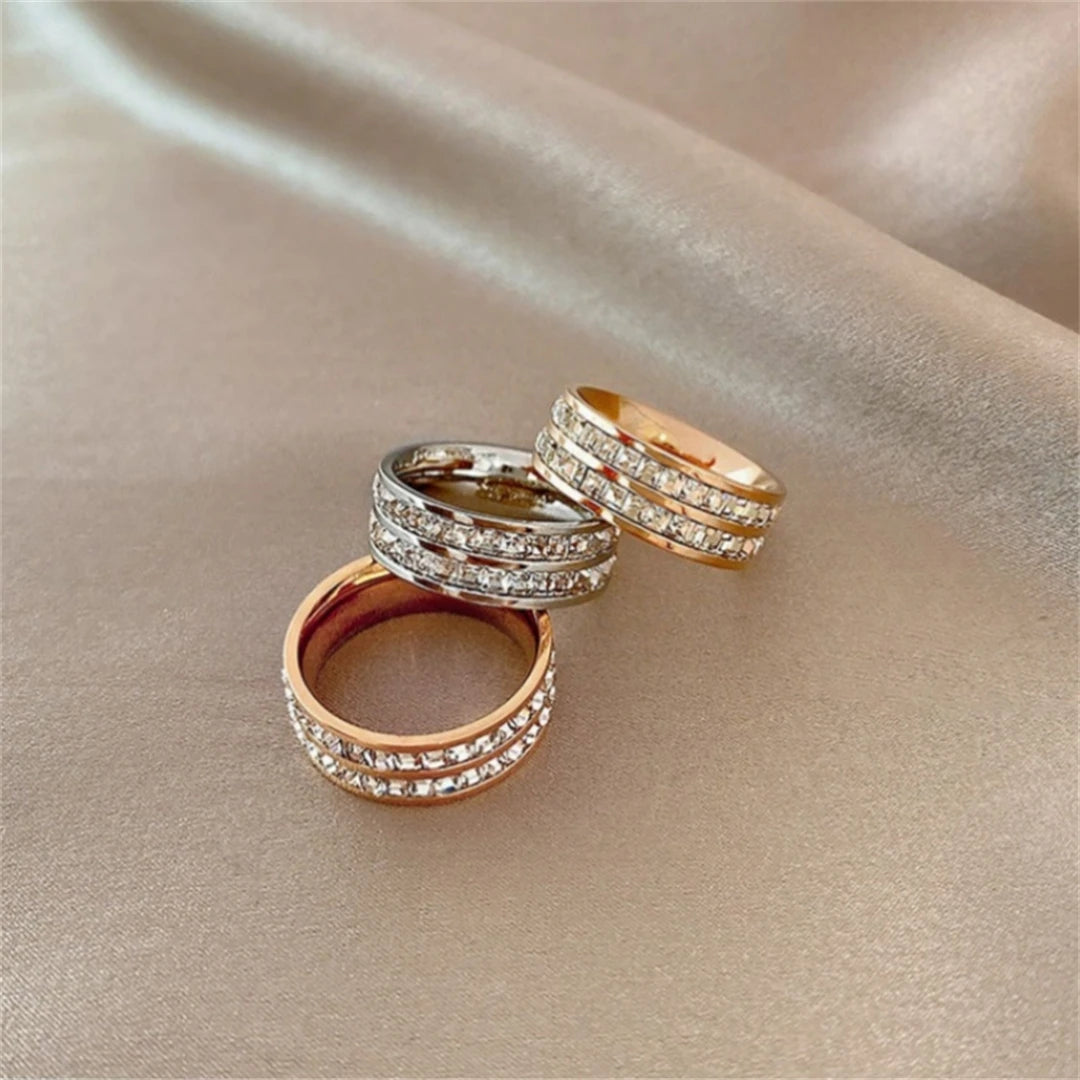 Rose Gold Double-Row Zircon Ring – Romantic Square-Cut Stainless Steel Band for Weddings & Parties