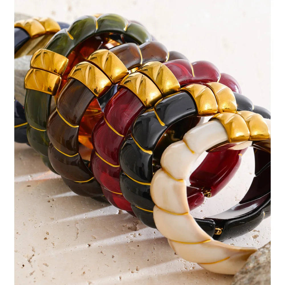 Yhpup Multi-Color Resin Statement Bracelet – Wide Acrylic Bangle with Stainless Steel Accents