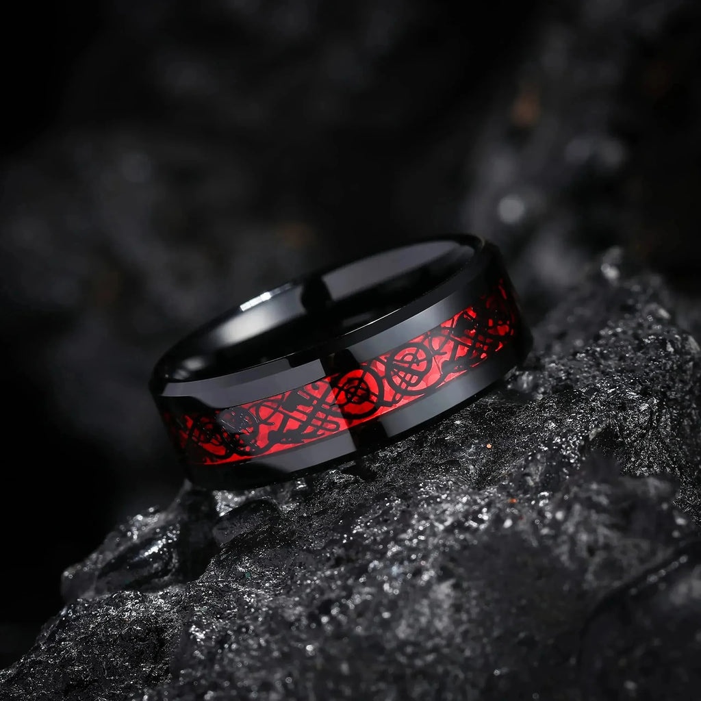 Couple Ring Set – Red Rhinestone Women’s Band & Stainless Steel Celtic Dragon Men’s Ring, Romantic Wedding Style