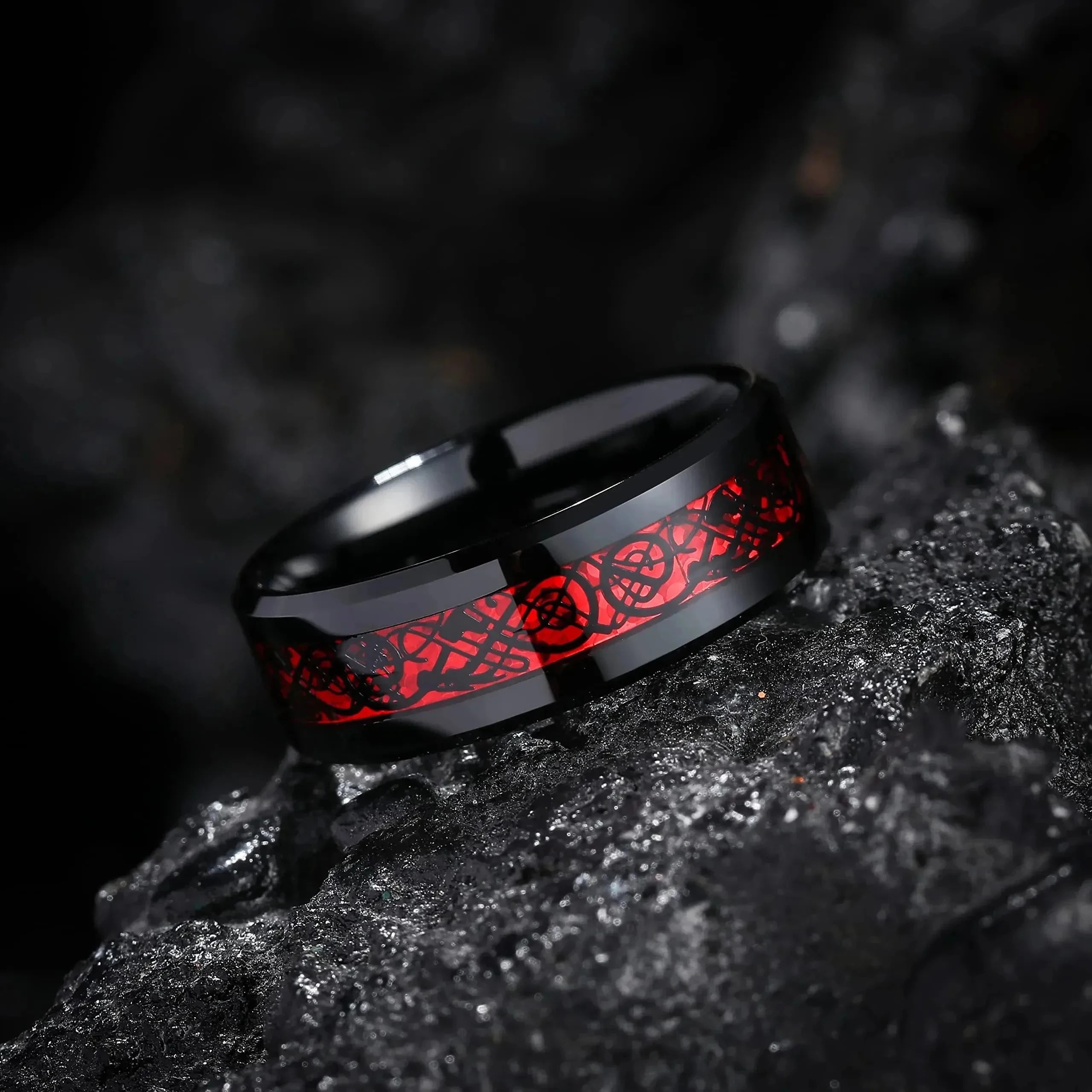 Couple Ring Set – Red Rhinestone Women’s Band & Stainless Steel Celtic Dragon Men’s Ring, Romantic Wedding Style