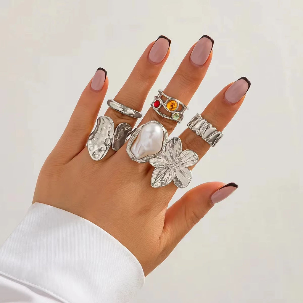 Irregular Metal Flower Ring – Elegant Open Design with Imitation Pearl for Women