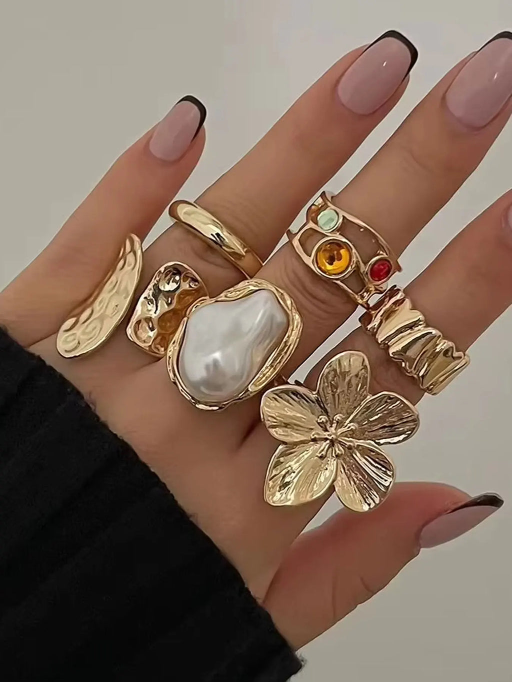 Irregular Metal Flower Ring – Elegant Open Design with Imitation Pearl for Women