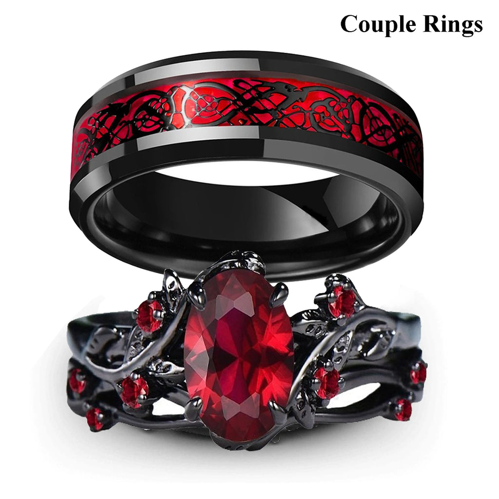 Couple Ring Set – Red Rhinestone Women’s Band & Stainless Steel Celtic Dragon Men’s Ring, Romantic Wedding Style