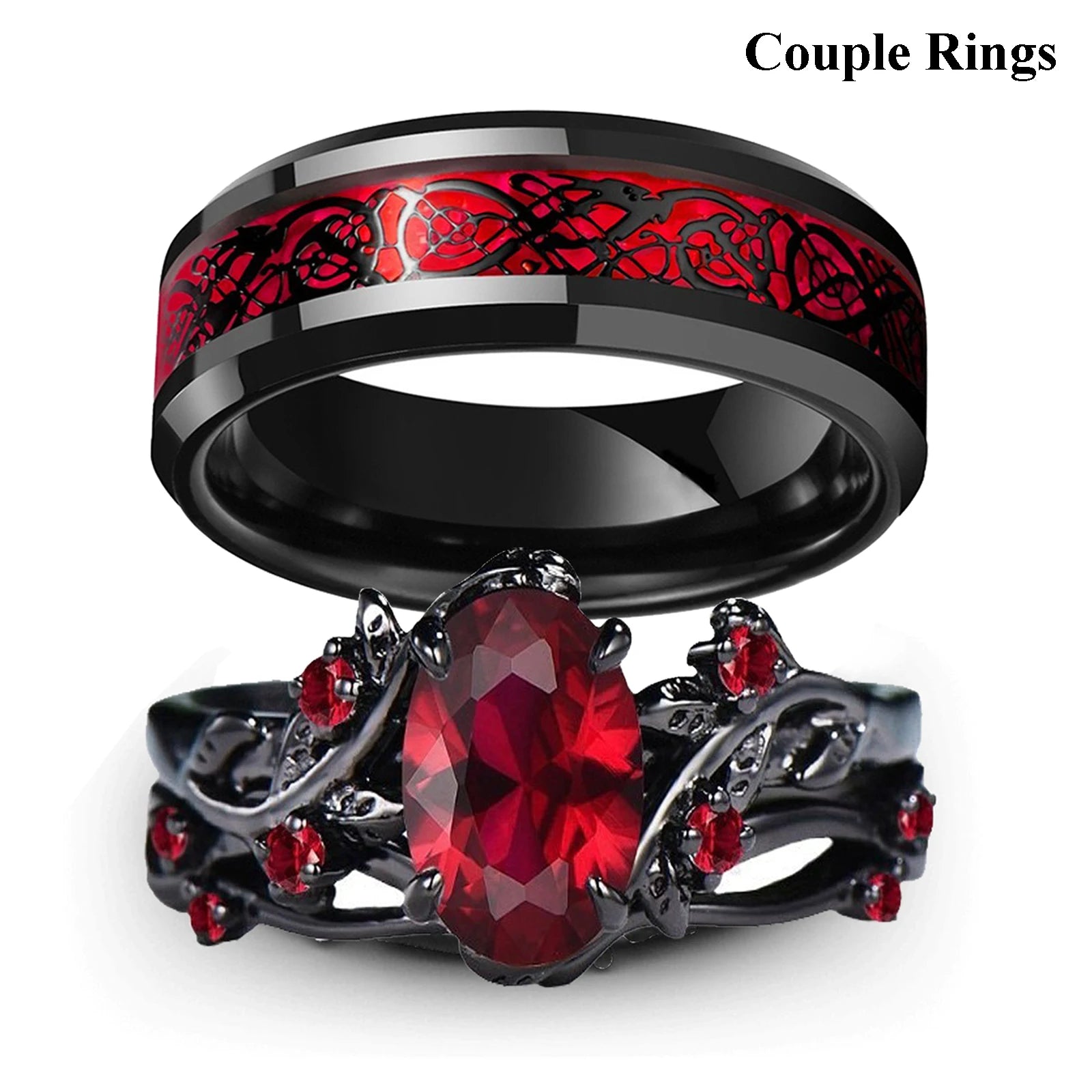 Couple Ring Set – Red Rhinestone Women’s Band & Stainless Steel Celtic Dragon Men’s Ring, Romantic Wedding Style