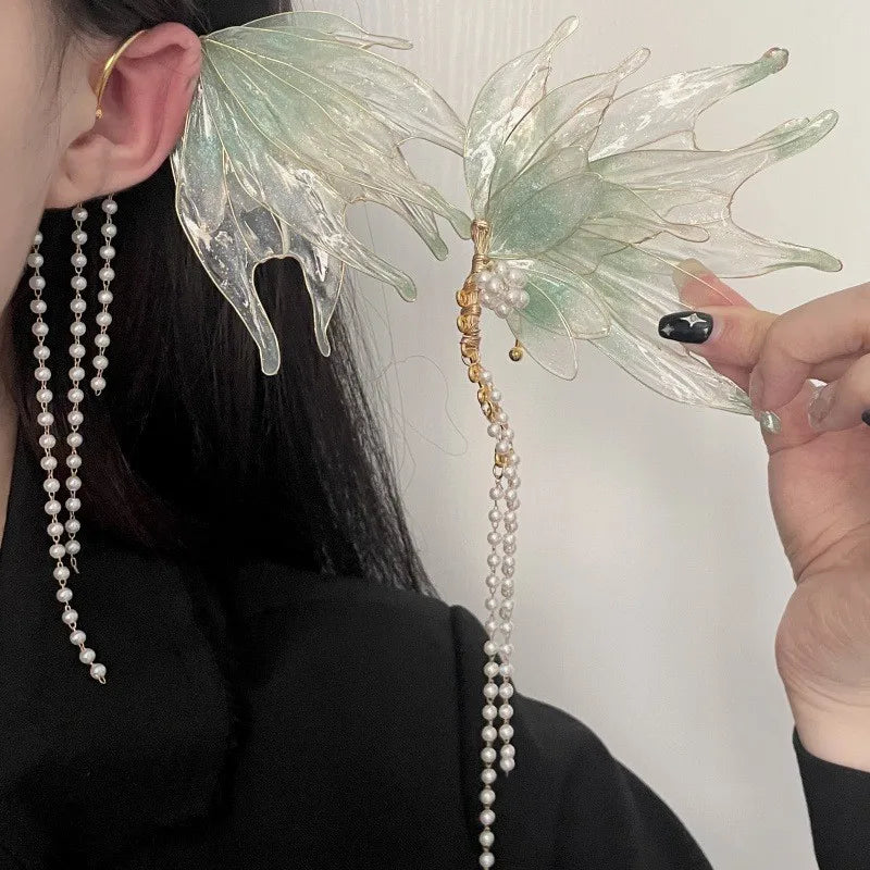 Butterfly & Mermaid Pearl Tassel Ear Cuffs – Elegant Non-Piercing Fairy-Style Earrings