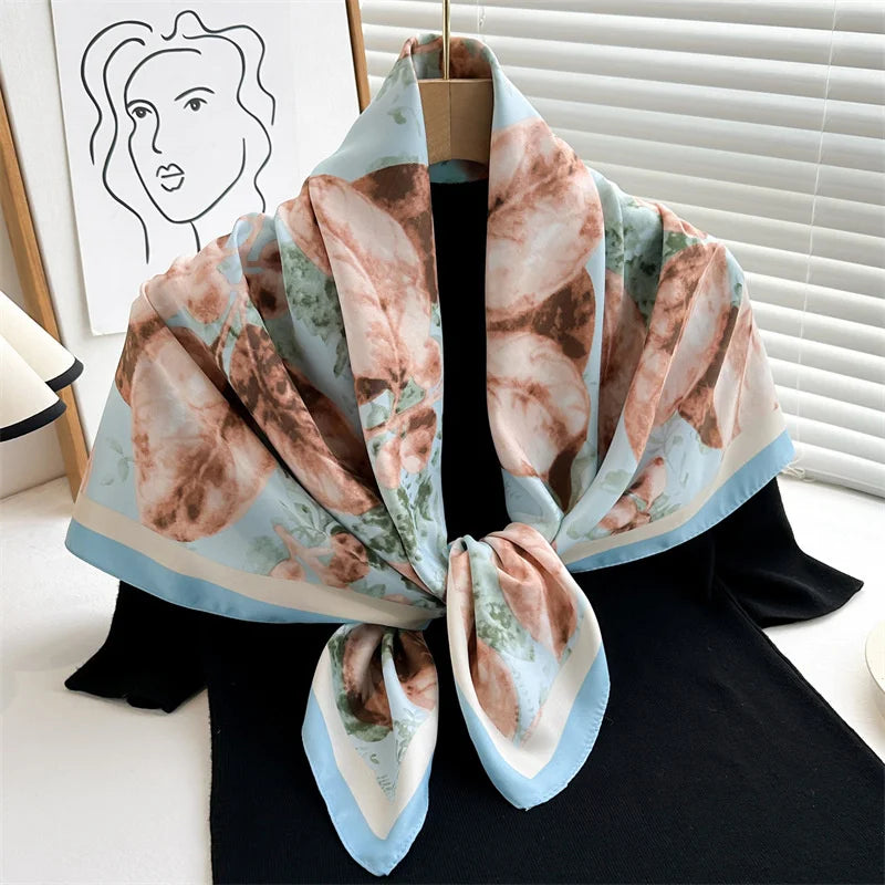 Silk Feel Scarf – Twill Square Wrap with Luxury Tree Print for Hair, Neck & Hijab