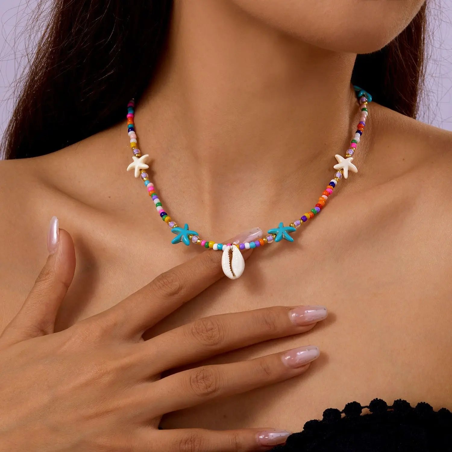 Bohemian Shell & Turquoise Choker – Handwoven Starfish Necklace for Summer Beach Style