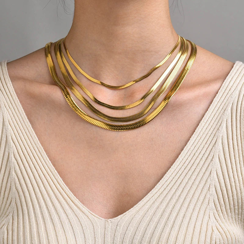 Flat Snake Chain Choker – Unisex Stainless Steel Herringbone Necklace in Gold or Silver